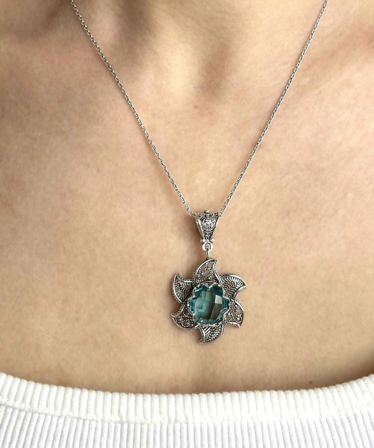 Sterling Silver Filigree Blue Topaz Gemstone Blossoming Lotus Flower Pendant Necklace - Drakoi Marketplace