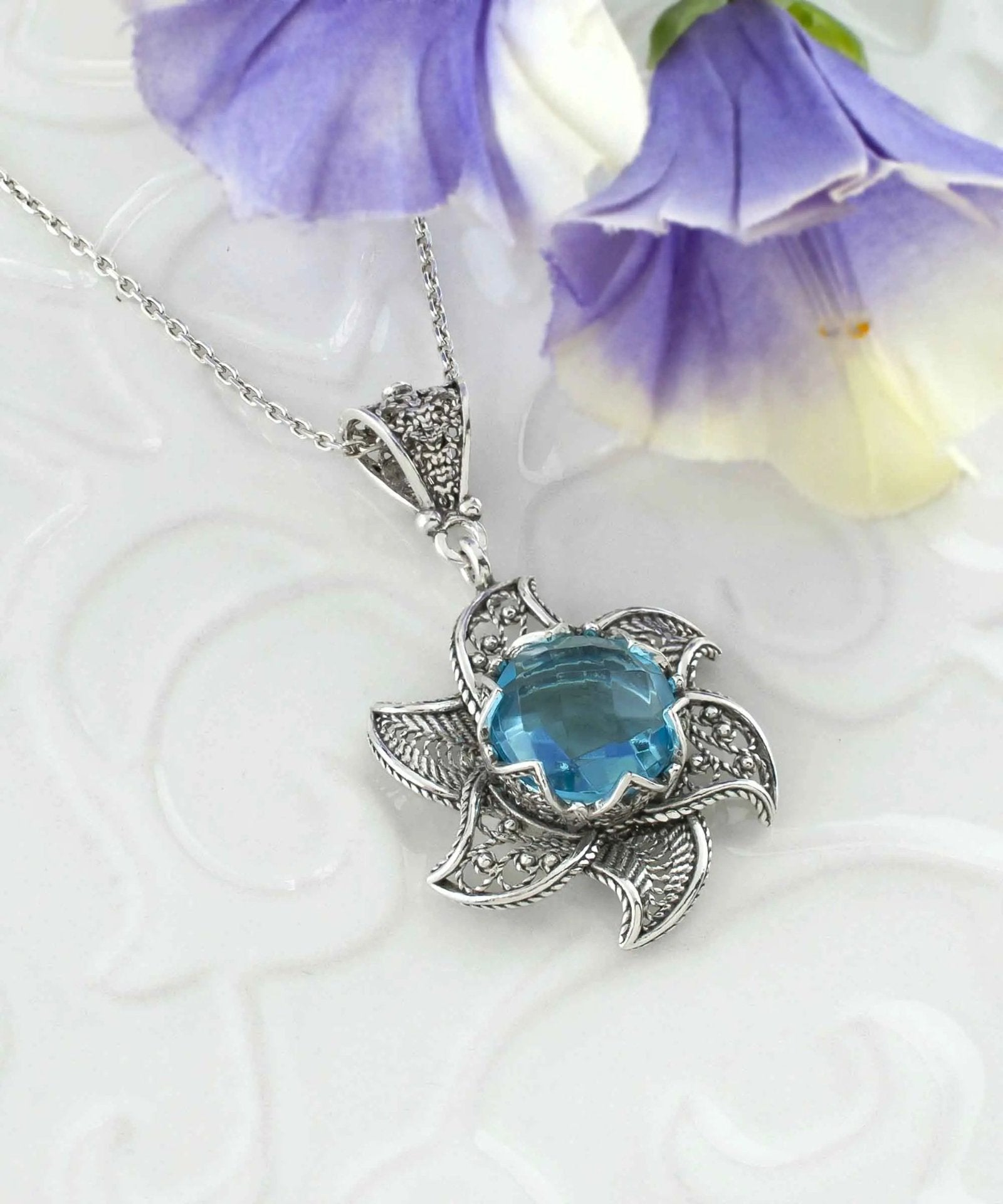 Sterling Silver Filigree Blue Topaz Gemstone Blossoming Lotus Flower Pendant Necklace - Drakoi Marketplace