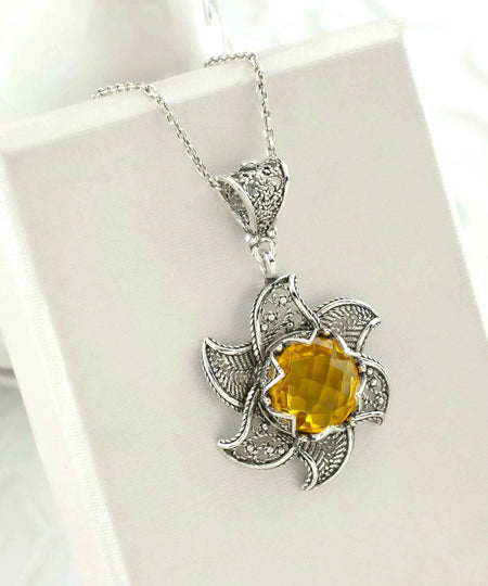 Sterling Silver Filigree Citrine Gemstone Blossoming Lotus Flower Pendant Necklace - Drakoi Marketplace