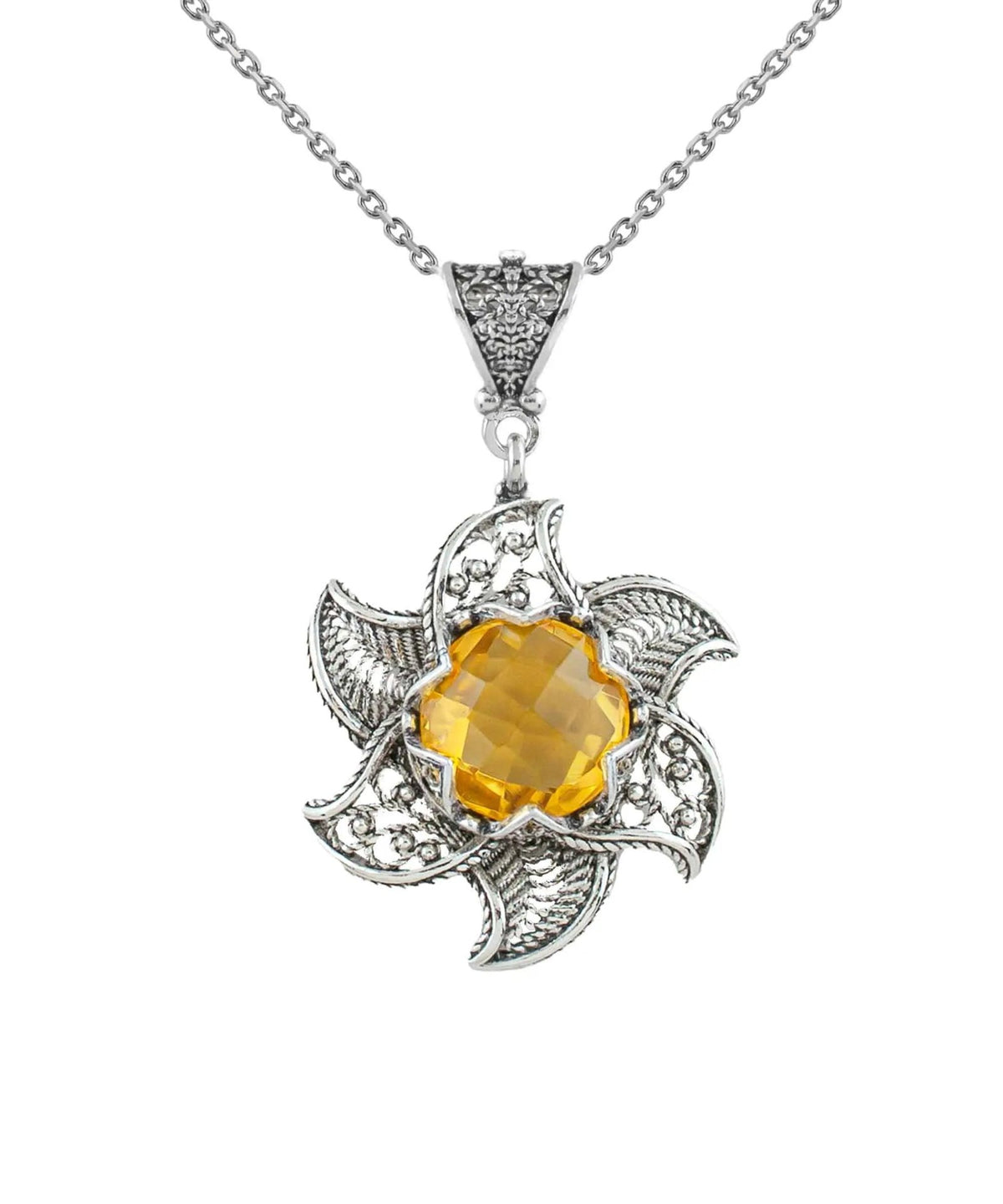 Sterling Silver Filigree Citrine Gemstone Blossoming Lotus Flower Pendant Necklace - Drakoi Marketplace