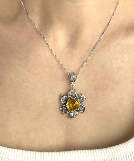 Sterling Silver Filigree Citrine Gemstone Blossoming Lotus Flower Pendant Necklace - Drakoi Marketplace