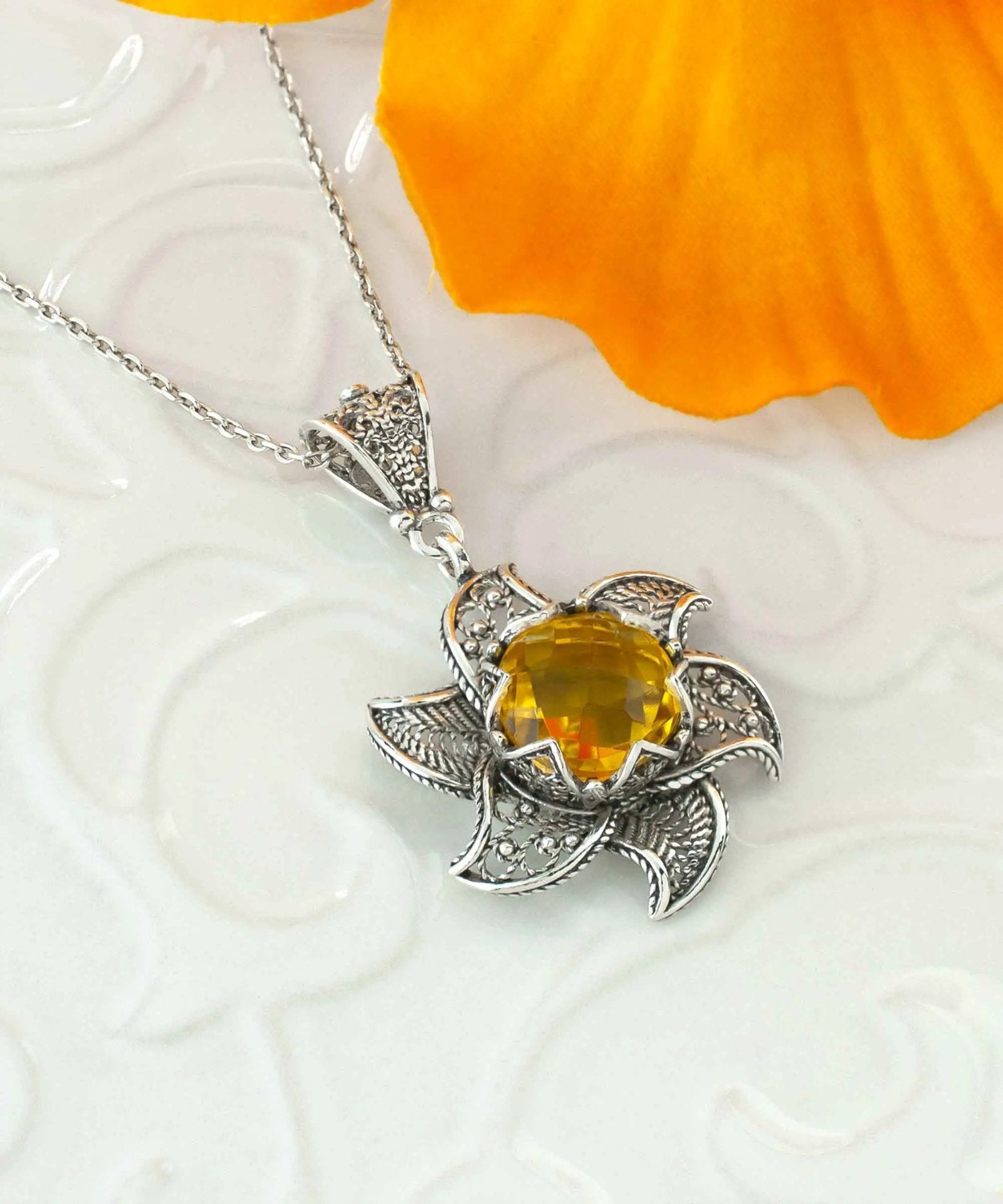 Sterling Silver Filigree Citrine Gemstone Blossoming Lotus Flower Pendant Necklace - Drakoi Marketplace