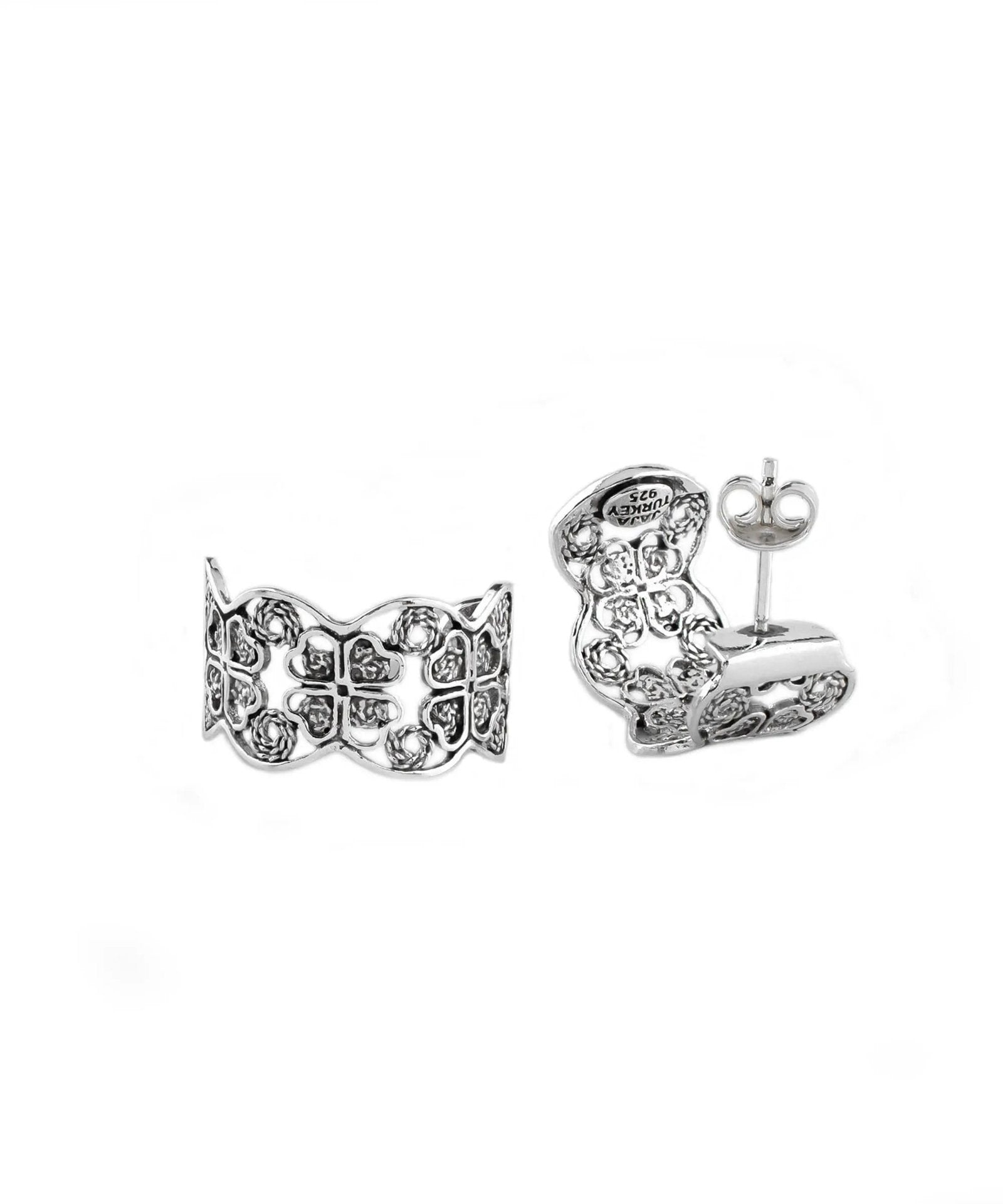 Sterling Silver Filigree Clover Design C-Hoop Stud Earrings for Women - Drakoi Marketplace