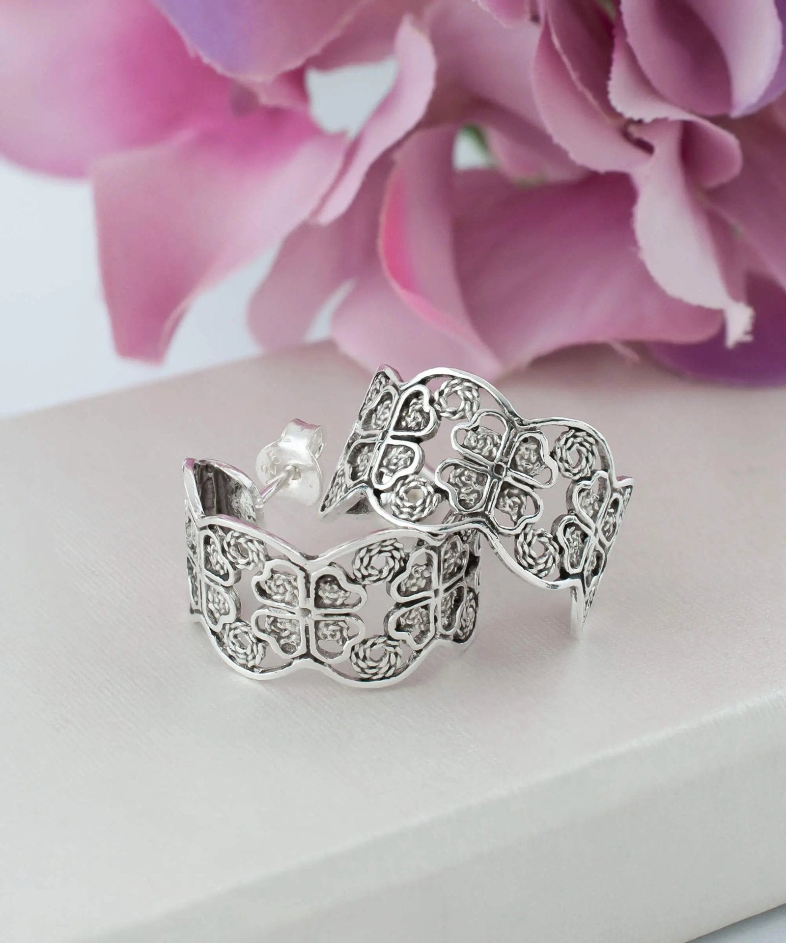 Sterling Silver Filigree Clover Design C-Hoop Stud Earrings for Women - Drakoi Marketplace