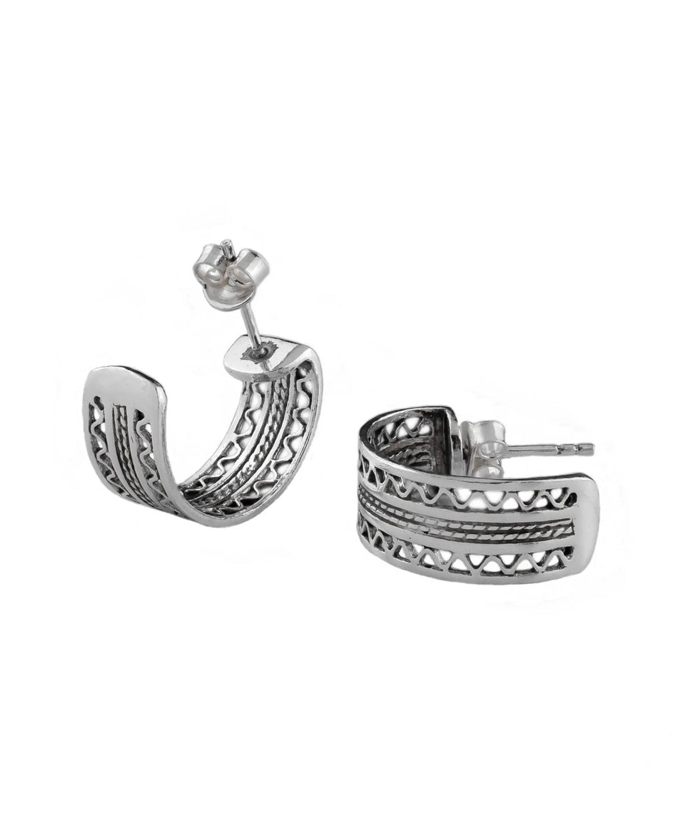 Sterling Silver Filigree Double Wavy Design C-Hoop Stud Earrings for Women - Drakoi Marketplace