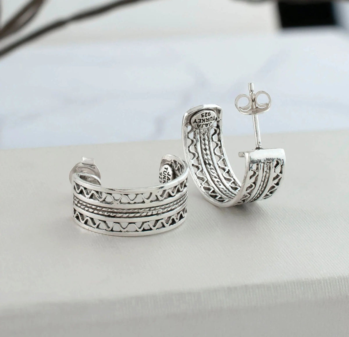 Sterling Silver Filigree Double Wavy Design C-Hoop Stud Earrings for Women - Drakoi Marketplace