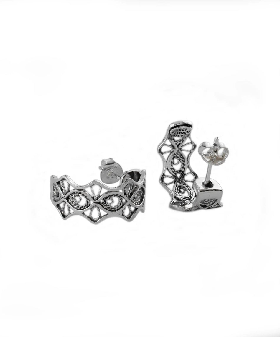 Sterling Silver Filigree Eye of Horus Design C-Hoop Stud Earrings for Women - Drakoi Marketplace