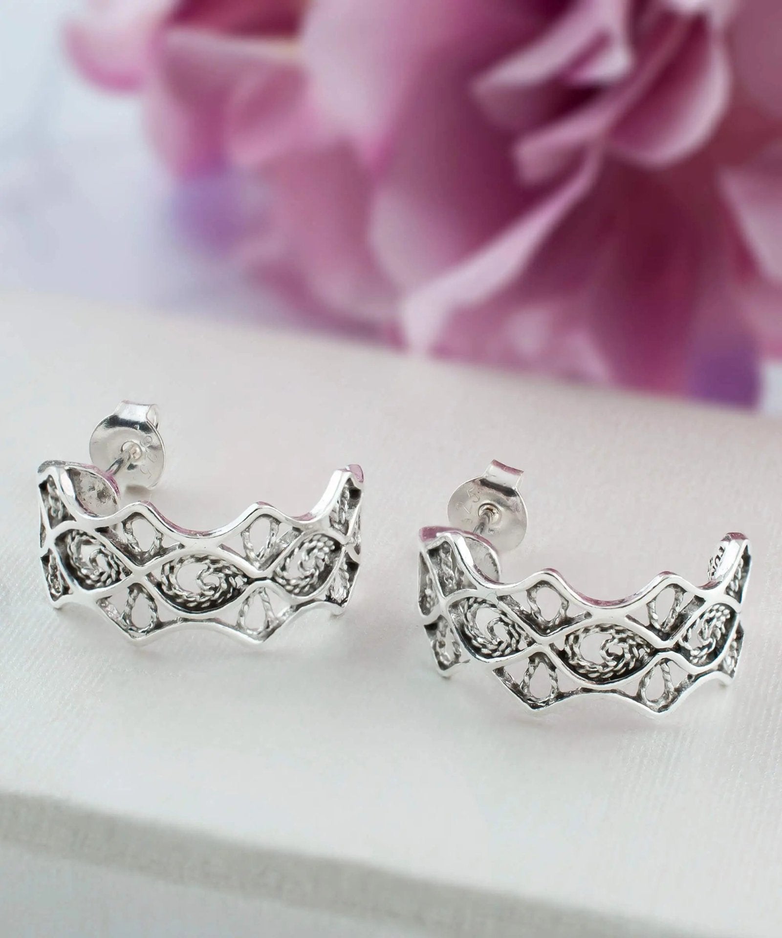 Sterling Silver Filigree Eye of Horus Design C-Hoop Stud Earrings for Women - Drakoi Marketplace