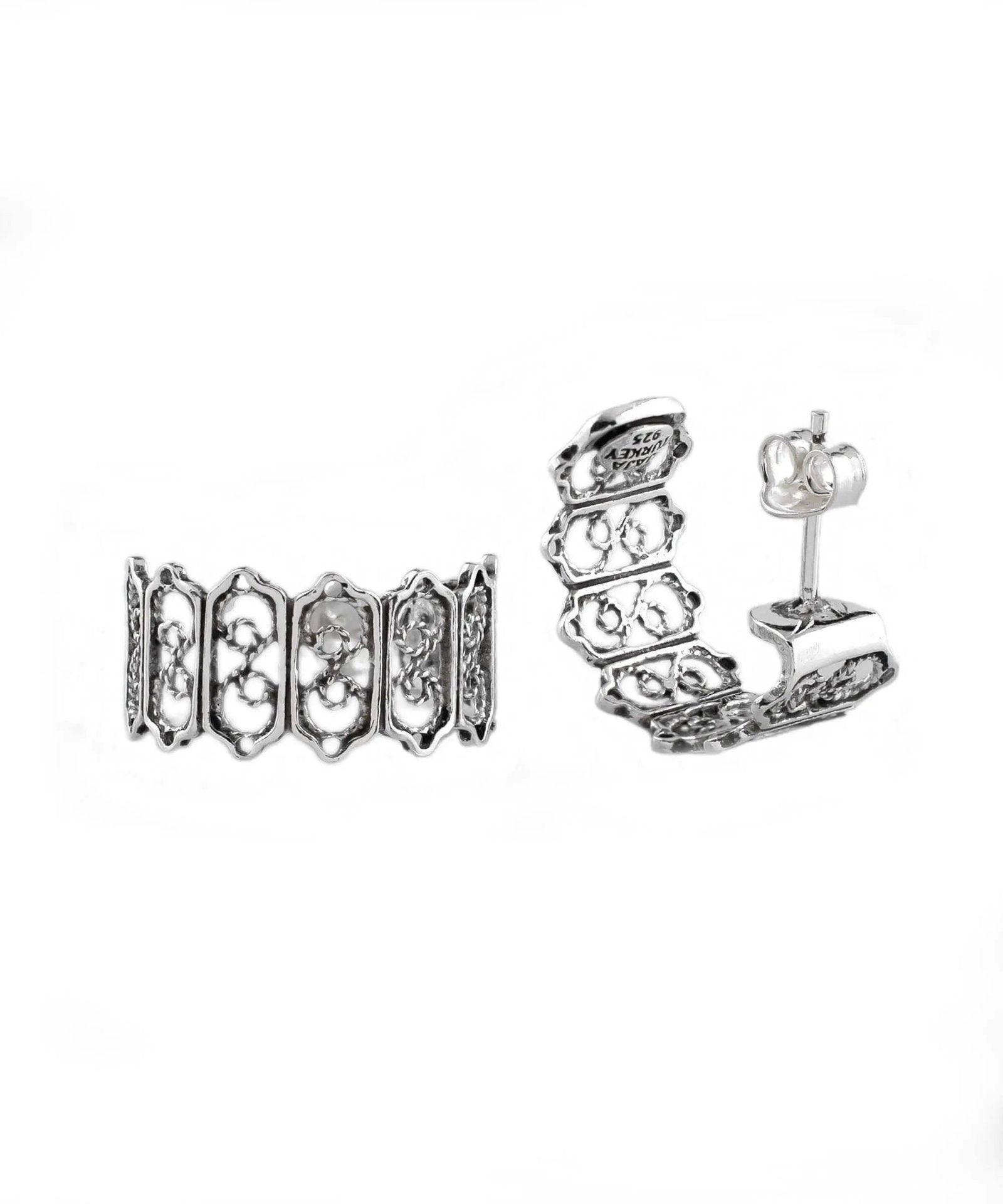 Sterling Silver Filigree Frame Design C-Hoop Stud Earrings for Women - Drakoi Marketplace