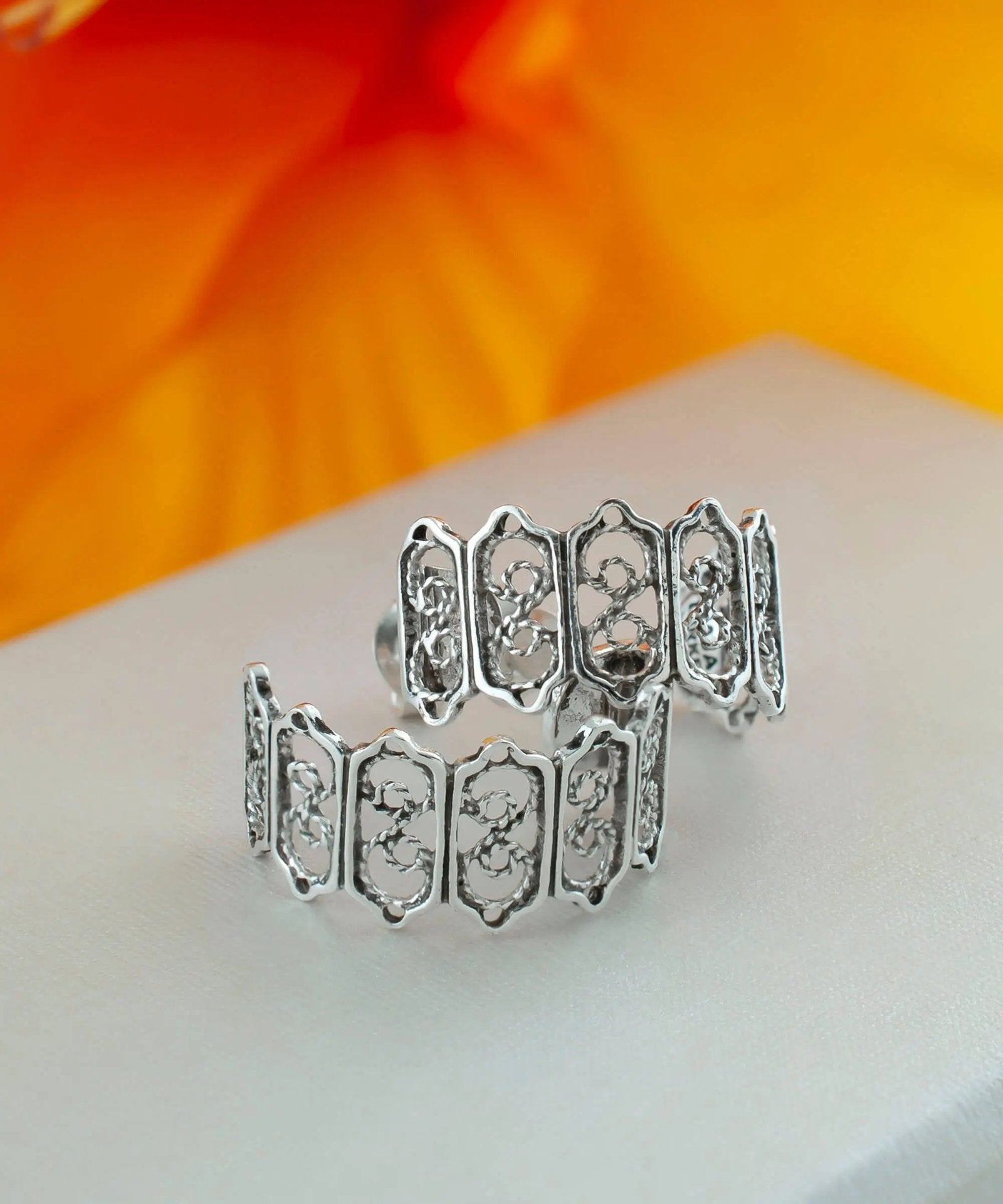 Sterling Silver Filigree Frame Design C-Hoop Stud Earrings for Women - Drakoi Marketplace