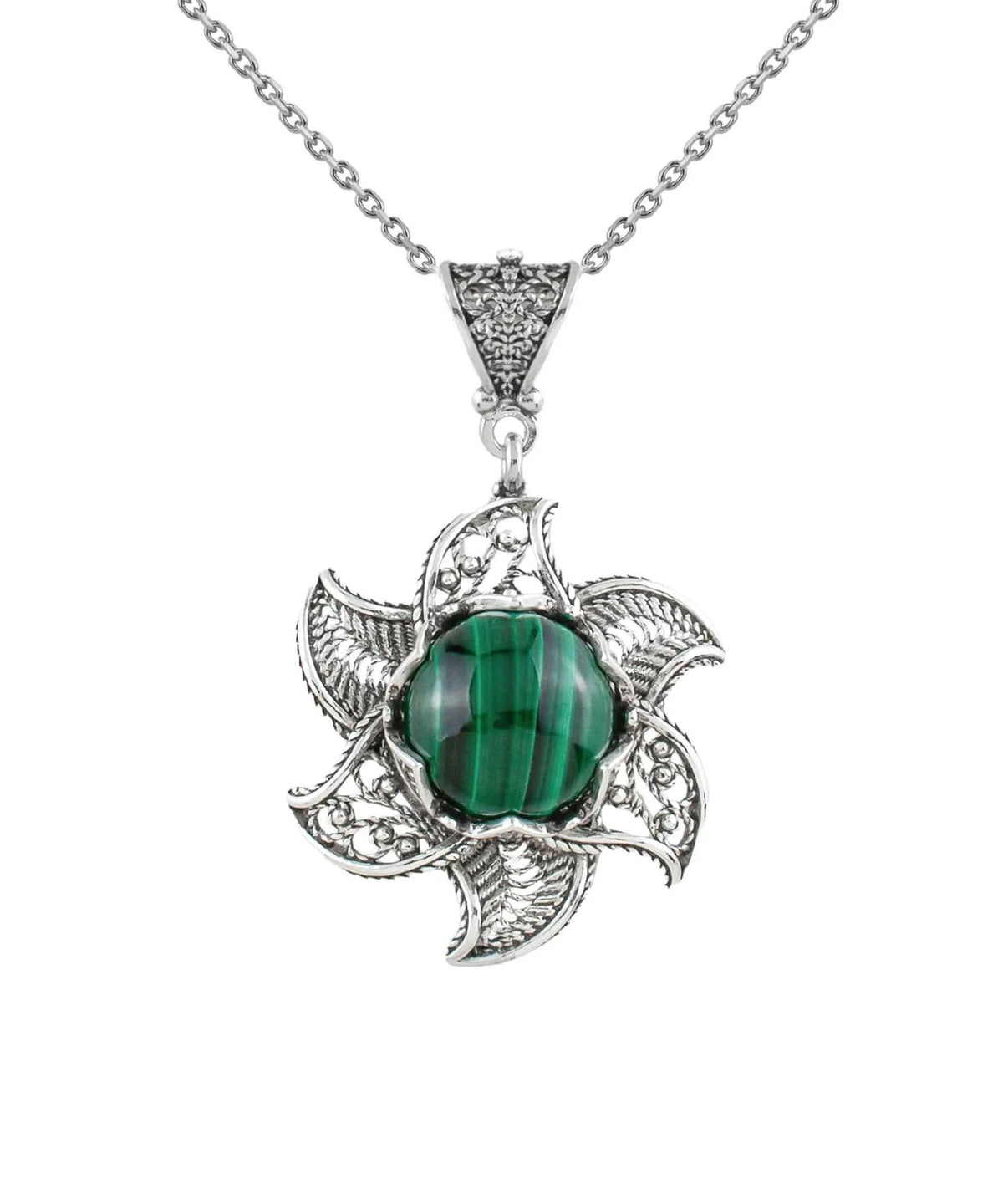 Sterling Silver Filigree Malachite Gemstone Blossoming Lotus Flower Pendant Necklace - Drakoi Marketplace