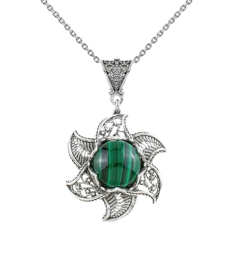 Sterling Silver Filigree Malachite Gemstone Blossoming Lotus Flower Pendant Necklace - Drakoi Marketplace