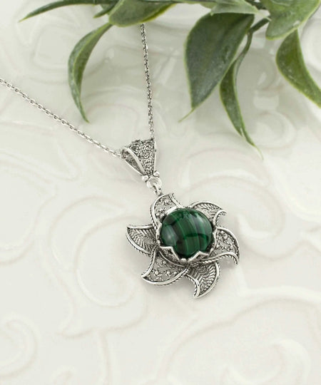 Sterling Silver Filigree Malachite Gemstone Blossoming Lotus Flower Pendant Necklace - Drakoi Marketplace