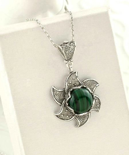 Sterling Silver Filigree Malachite Gemstone Blossoming Lotus Flower Pendant Necklace - Drakoi Marketplace