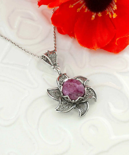 Sterling Silver Filigree Mojave Rhodonite Gemstone Blossoming Lotus Flower Pendant Necklace - Drakoi Marketplace