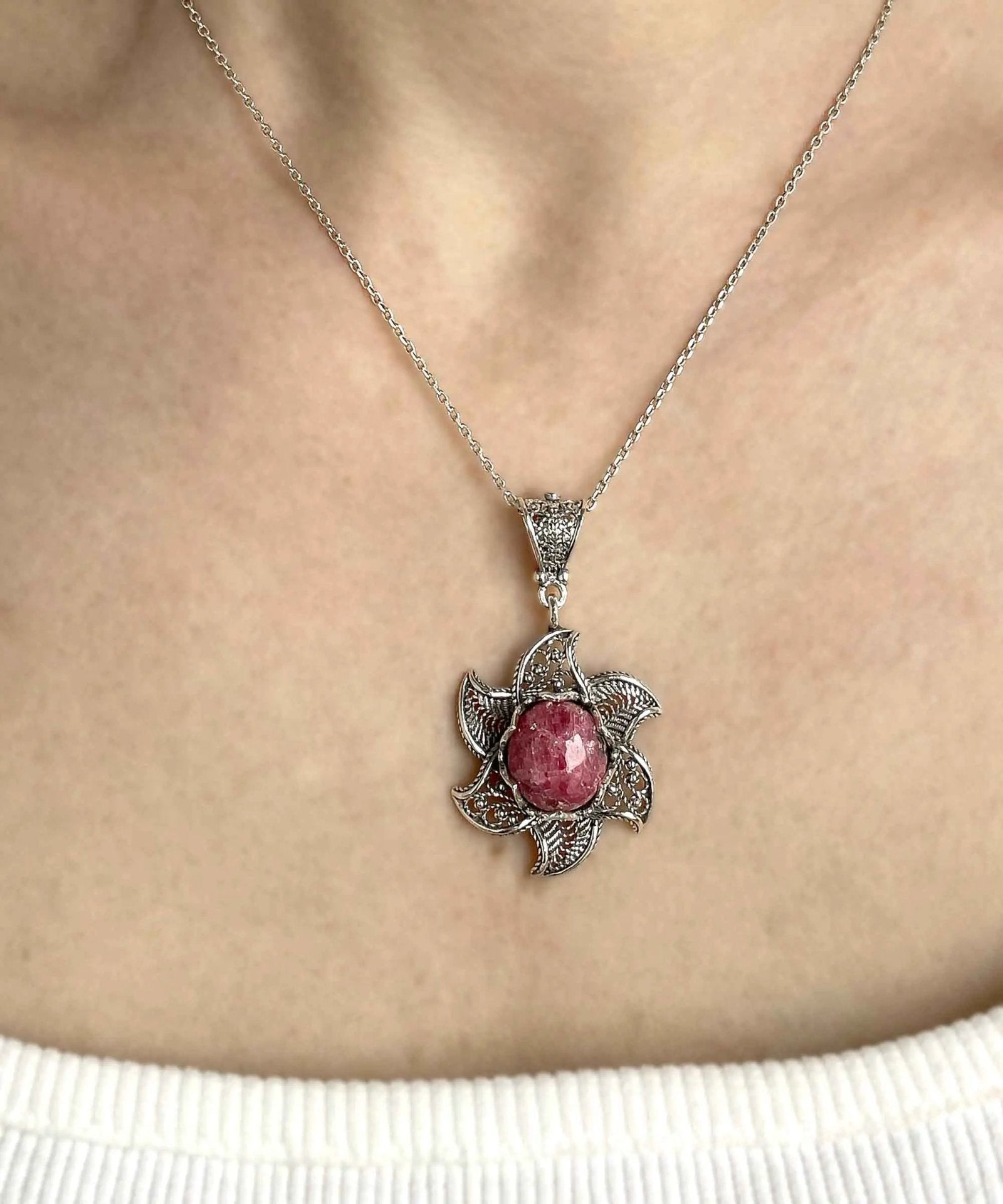 Sterling Silver Filigree Mojave Rhodonite Gemstone Blossoming Lotus Flower Pendant Necklace - Drakoi Marketplace