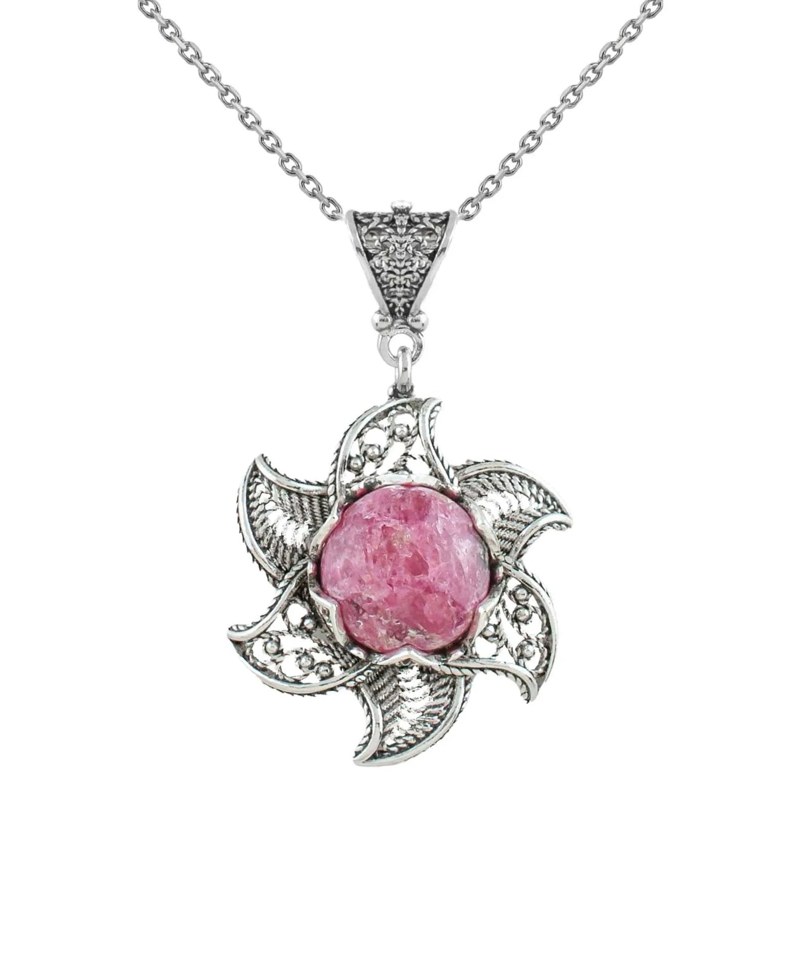 Sterling Silver Filigree Mojave Rhodonite Gemstone Blossoming Lotus Flower Pendant Necklace - Drakoi Marketplace