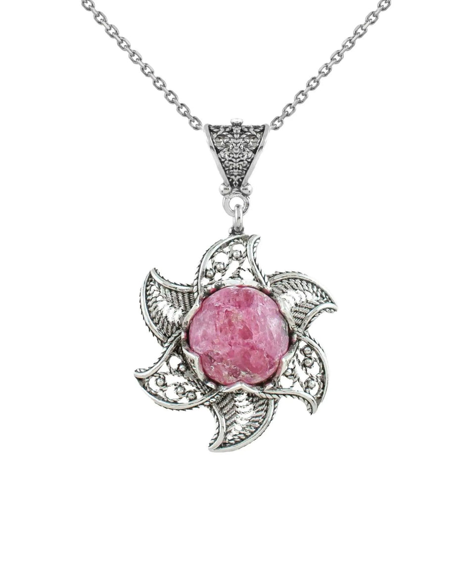 Sterling Silver Filigree Mojave Rhodonite Gemstone Blossoming Lotus Flower Pendant Necklace - Drakoi Marketplace