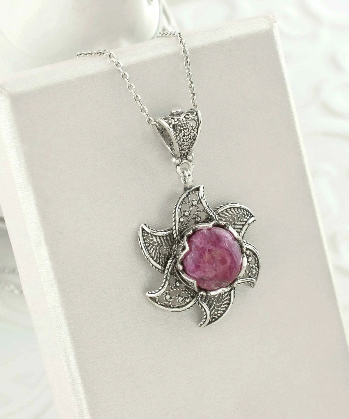 Sterling Silver Filigree Mojave Rhodonite Gemstone Blossoming Lotus Flower Pendant Necklace - Drakoi Marketplace