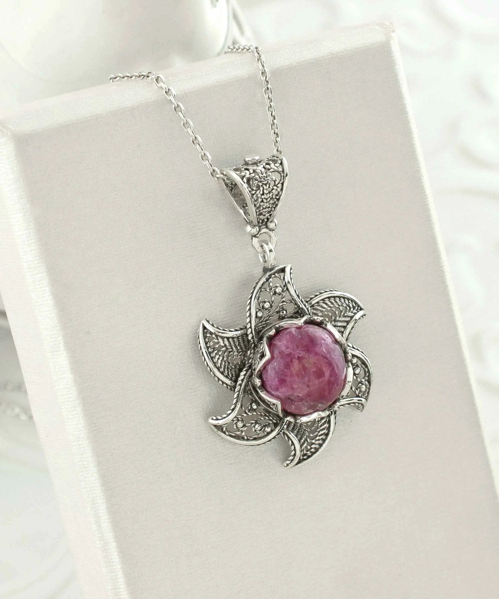 Sterling Silver Filigree Mojave Rhodonite Gemstone Blossoming Lotus Flower Pendant Necklace - Drakoi Marketplace