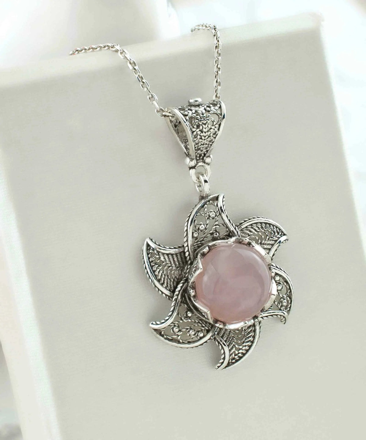 Sterling Silver Filigree Rose Quartz Gemstone Blossoming Lotus Flower Pendant Necklace - Drakoi Marketplace