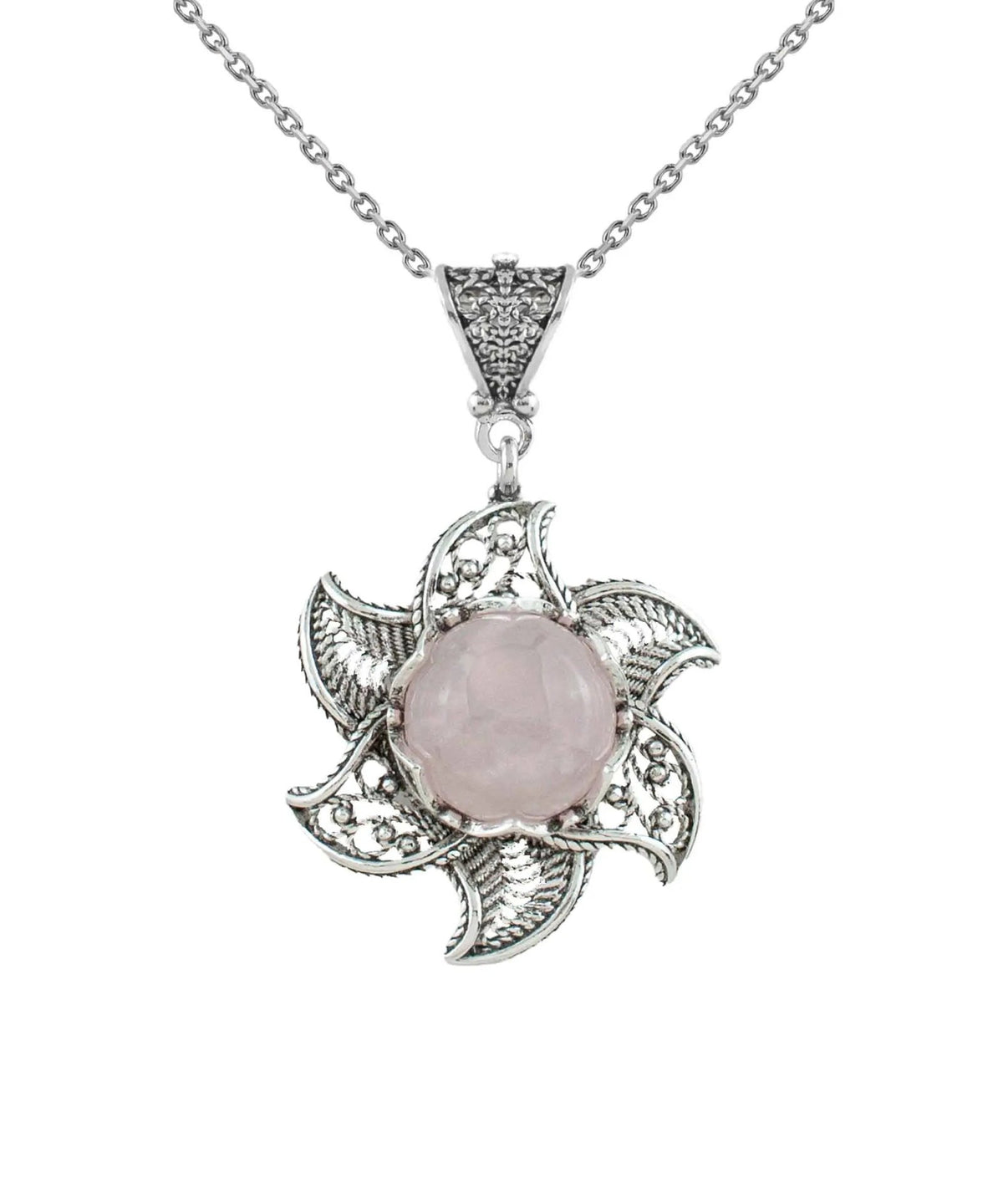 Sterling Silver Filigree Rose Quartz Gemstone Blossoming Lotus Flower Pendant Necklace - Drakoi Marketplace