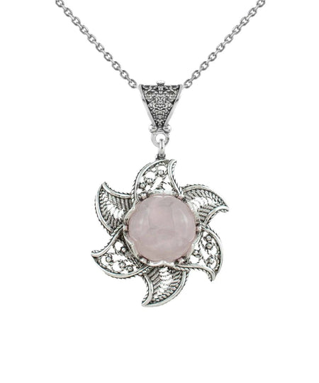 Sterling Silver Filigree Rose Quartz Gemstone Blossoming Lotus Flower Pendant Necklace - Drakoi Marketplace