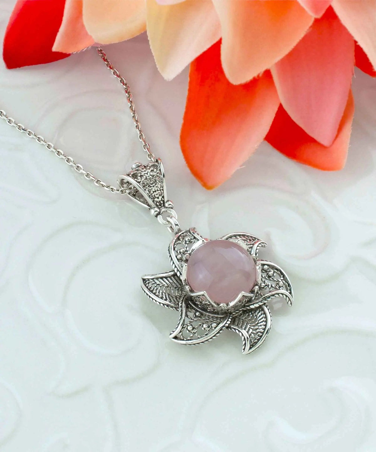 Sterling Silver Filigree Rose Quartz Gemstone Blossoming Lotus Flower Pendant Necklace - Drakoi Marketplace