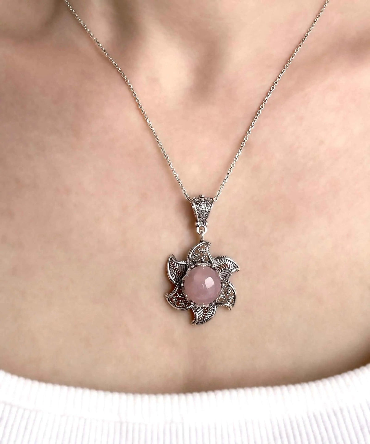 Sterling Silver Filigree Rose Quartz Gemstone Blossoming Lotus Flower Pendant Necklace - Drakoi Marketplace