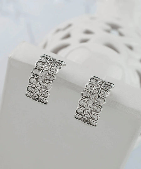 Sterling Silver Filigree Round Design C-Hoop Stud Earrings for Women - Drakoi Marketplace