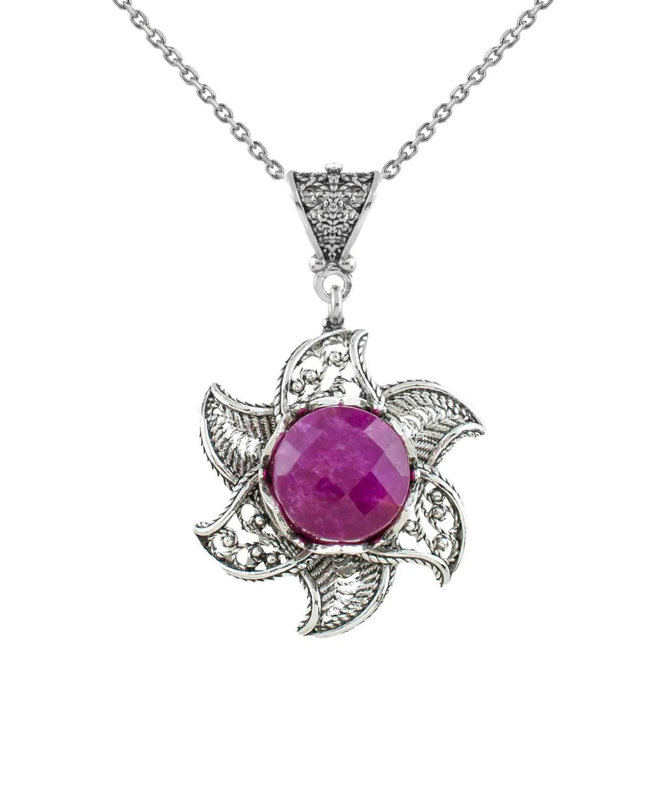 Sterling Silver Filigree Ruby Corundum Gemstone Blossoming Lotus Flower Pendant Necklace - Drakoi Marketplace