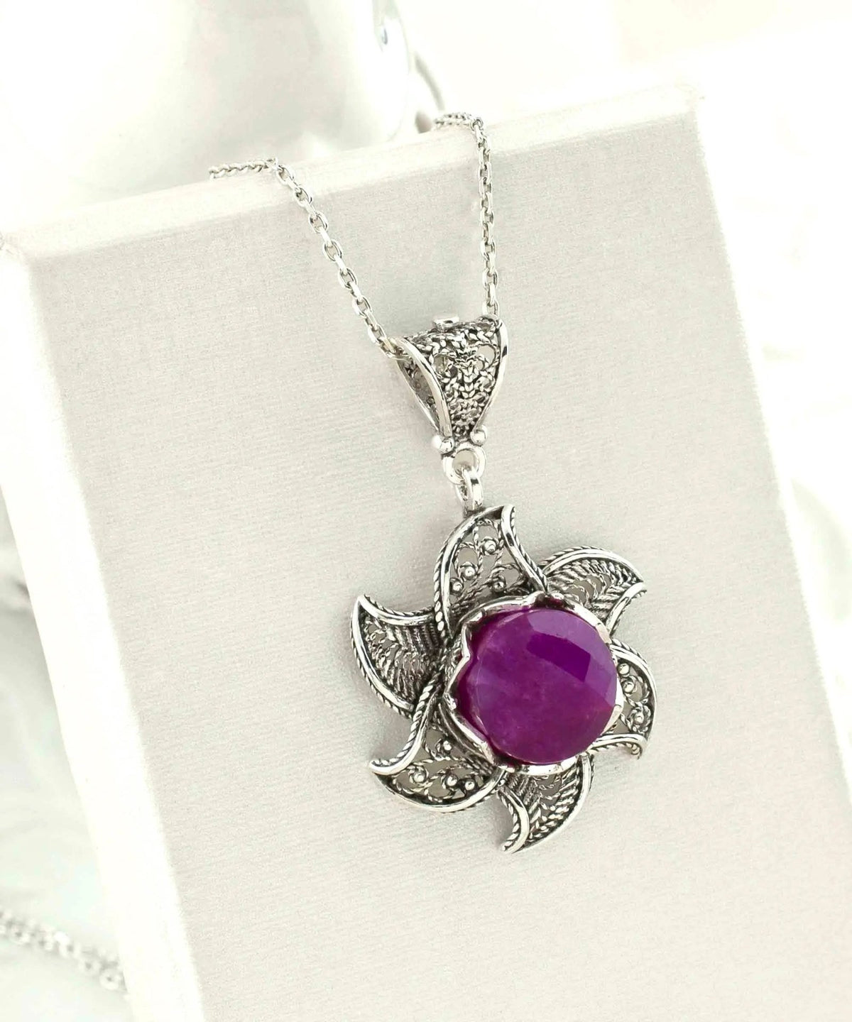 Sterling Silver Filigree Ruby Corundum Gemstone Blossoming Lotus Flower Pendant Necklace - Drakoi Marketplace