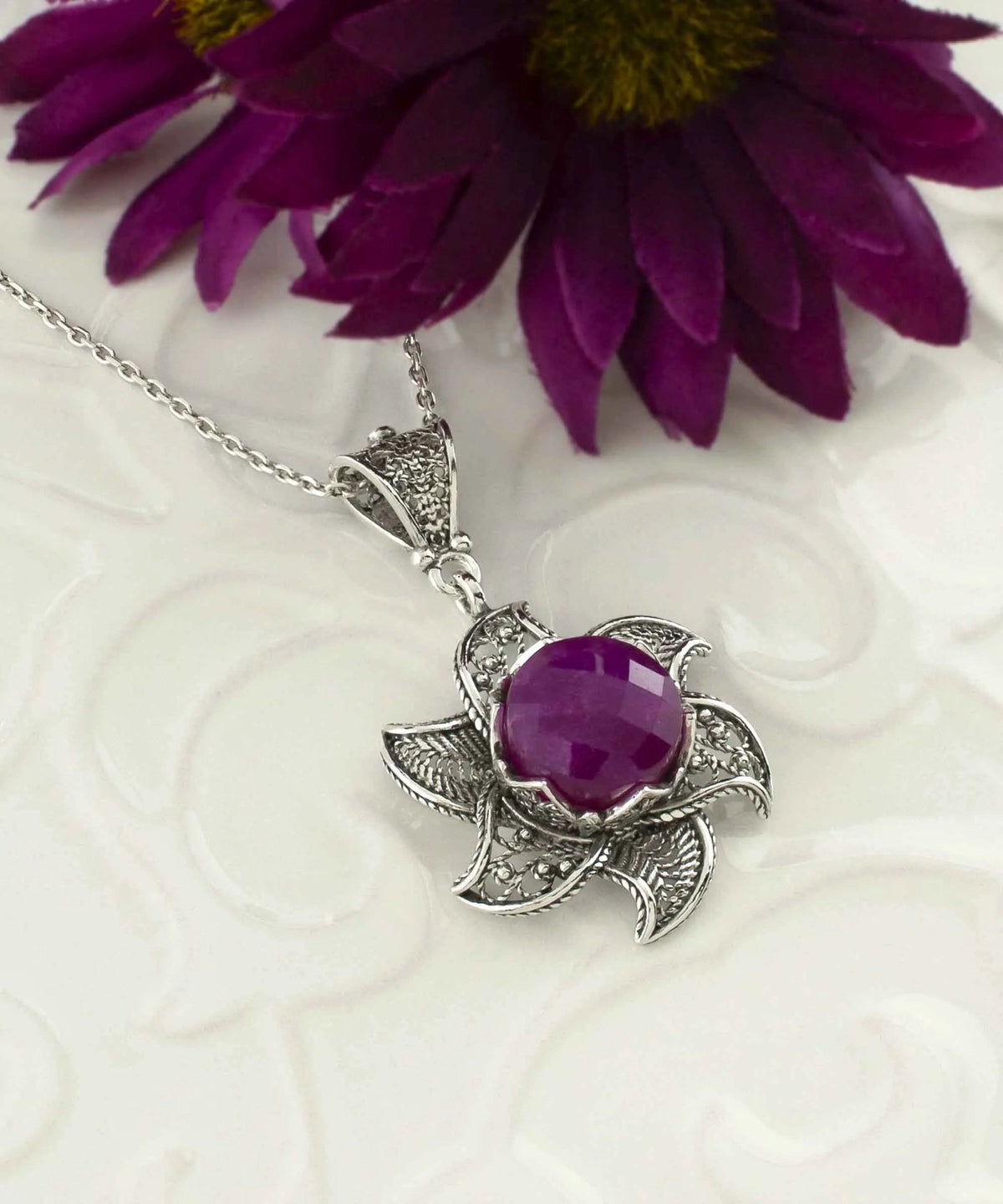 Sterling Silver Filigree Ruby Corundum Gemstone Blossoming Lotus Flower Pendant Necklace - Drakoi Marketplace