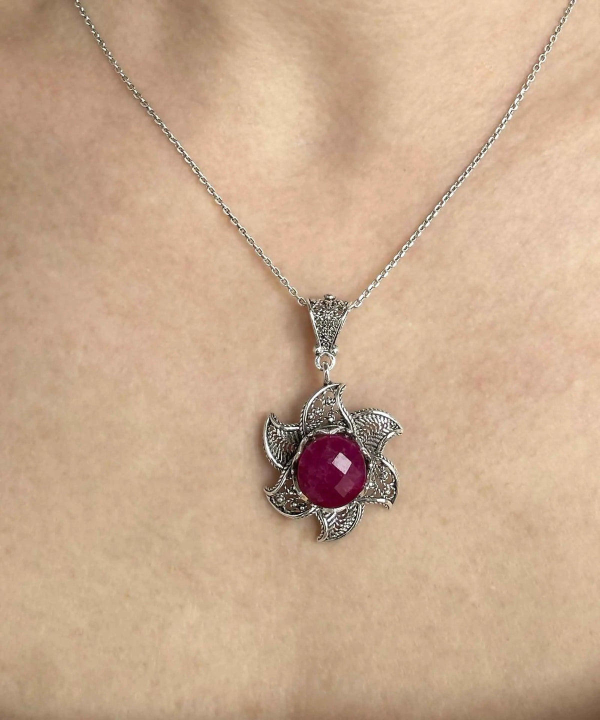 Sterling Silver Filigree Ruby Corundum Gemstone Blossoming Lotus Flower Pendant Necklace - Drakoi Marketplace