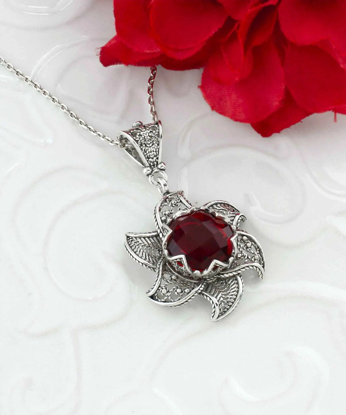 Sterling Silver Filigree Ruby Gemstone Blossoming Lotus Flower Pendant Necklace - Drakoi Marketplace