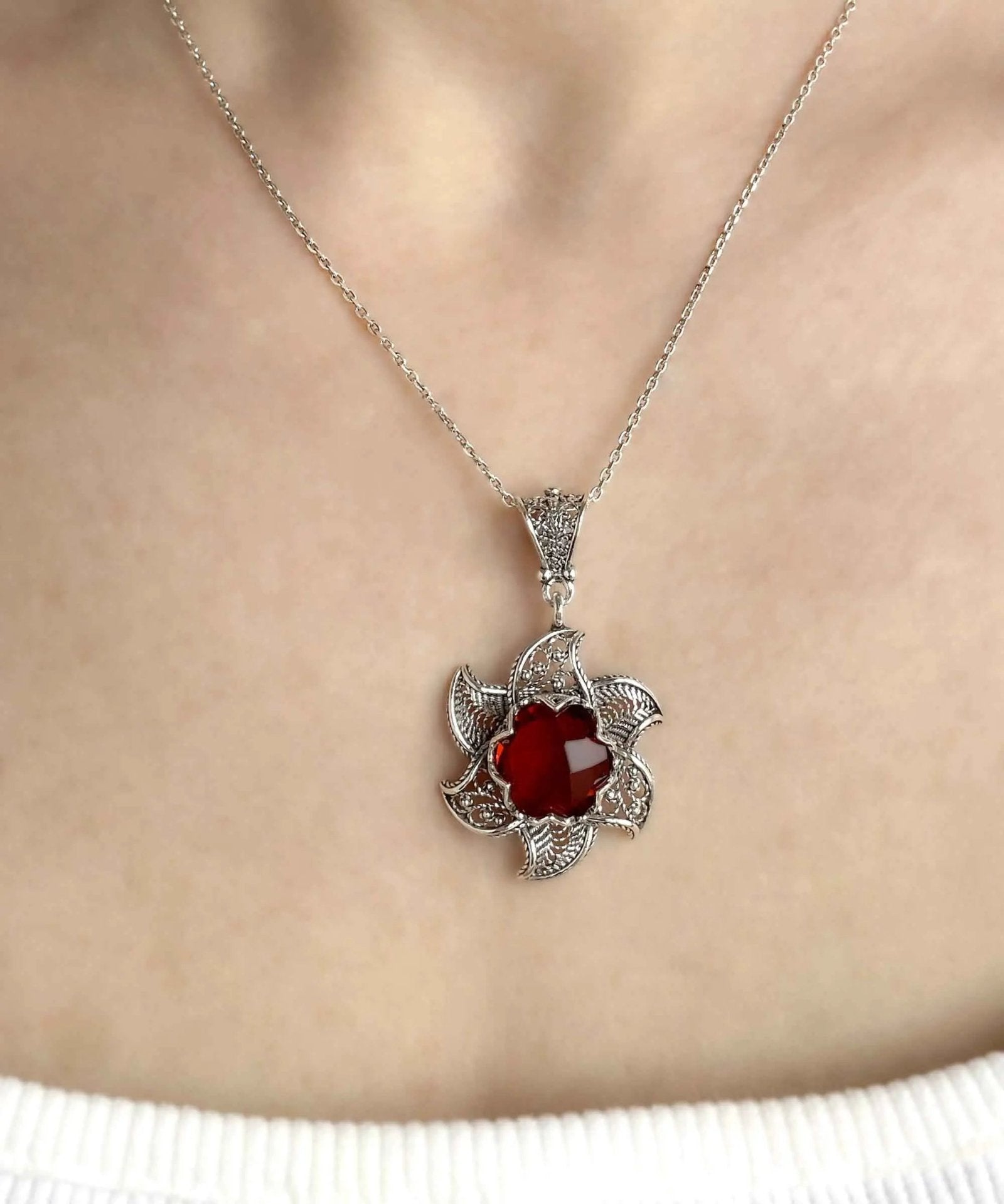 Sterling Silver Filigree Ruby Gemstone Blossoming Lotus Flower Pendant Necklace - Drakoi Marketplace