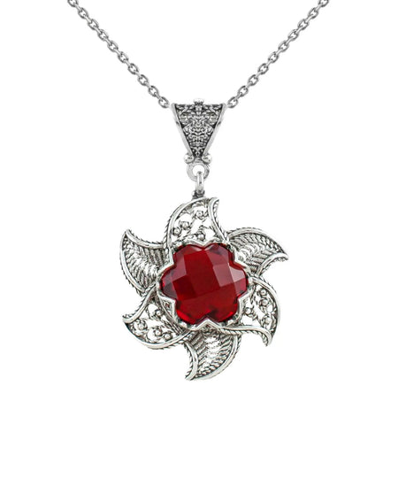 Sterling Silver Filigree Ruby Gemstone Blossoming Lotus Flower Pendant Necklace - Drakoi Marketplace