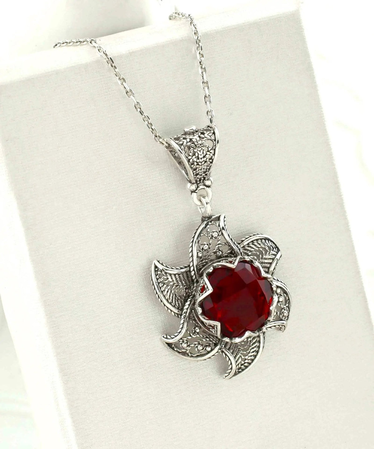 Sterling Silver Filigree Ruby Gemstone Blossoming Lotus Flower Pendant Necklace - Drakoi Marketplace