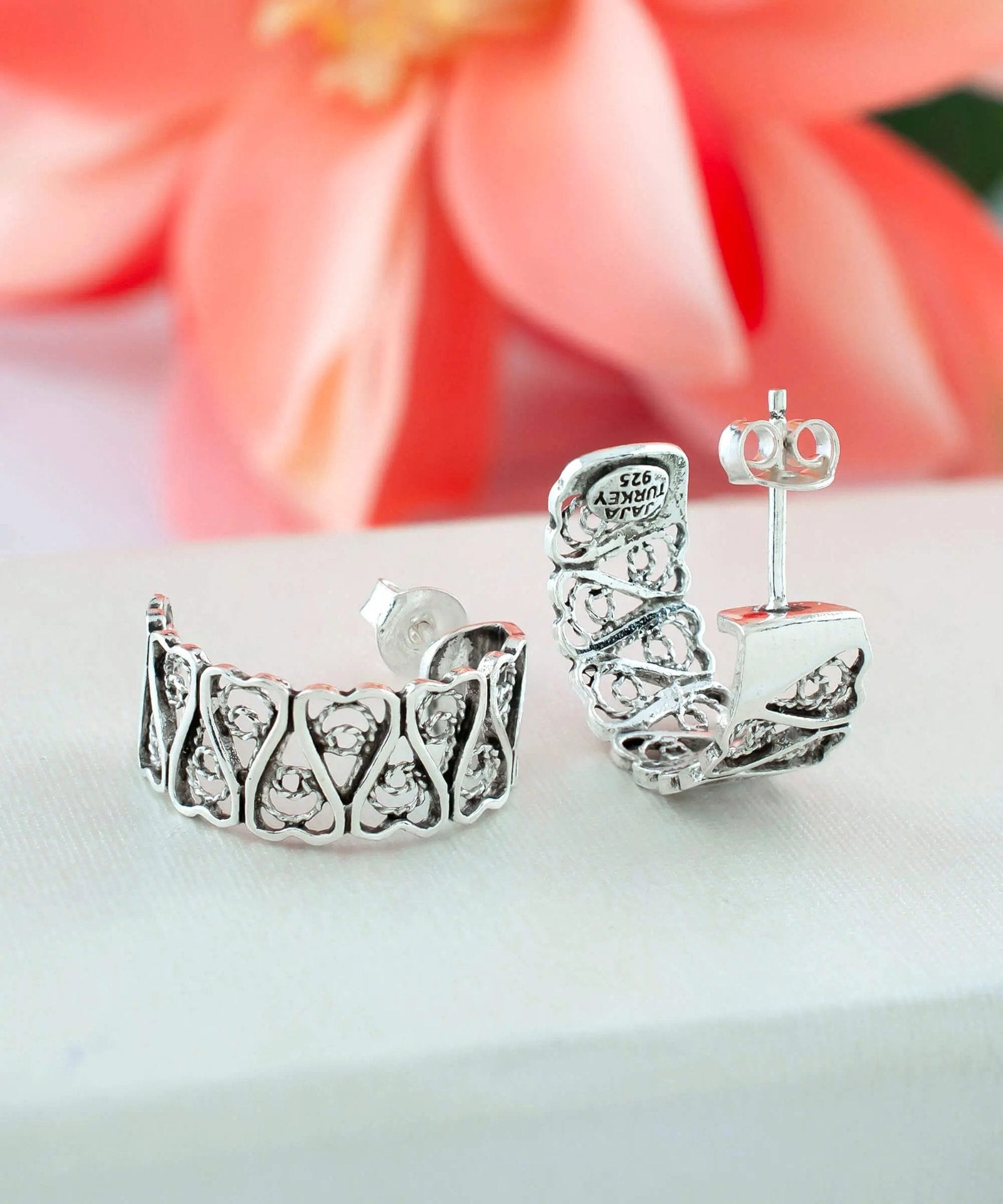 Sterling Silver Filigree Tulip Design C-Hoop Stud Earrings for Women - Drakoi Marketplace