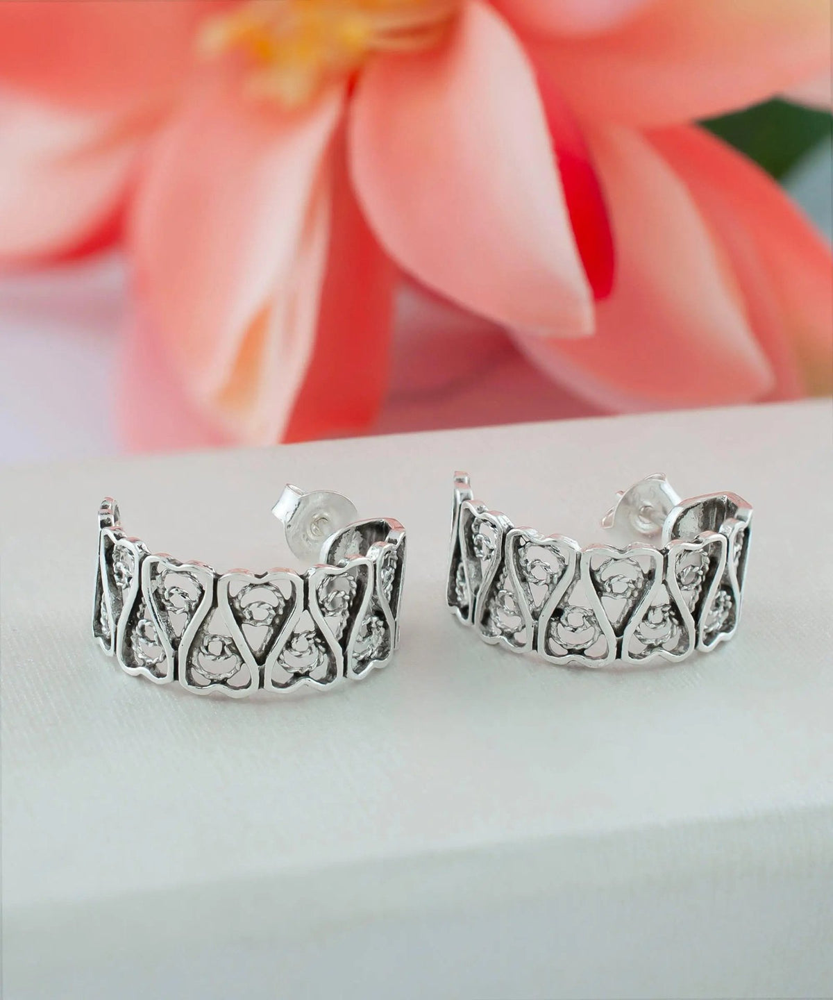 Sterling Silver Filigree Tulip Design C-Hoop Stud Earrings for Women - Drakoi Marketplace