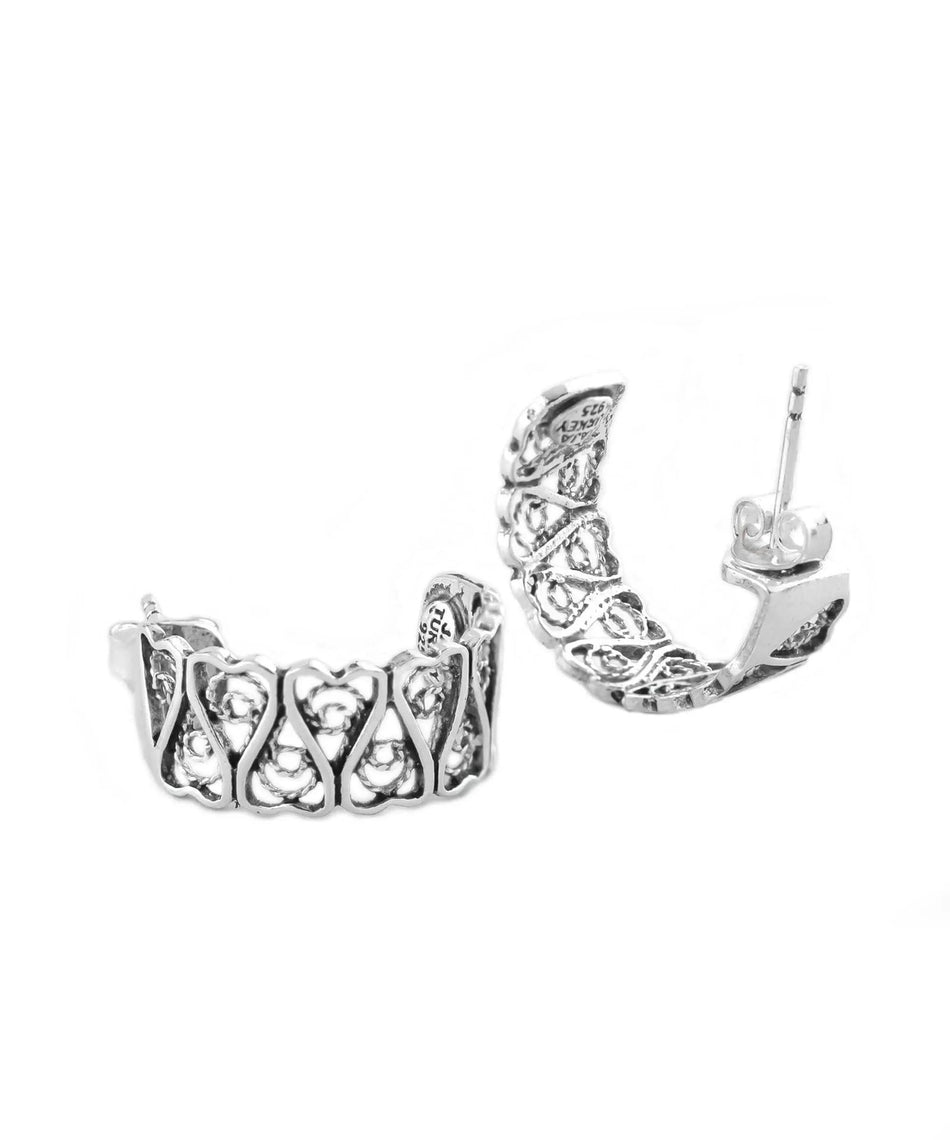 Sterling Silver Filigree Tulip Design C-Hoop Stud Earrings for Women - Drakoi Marketplace