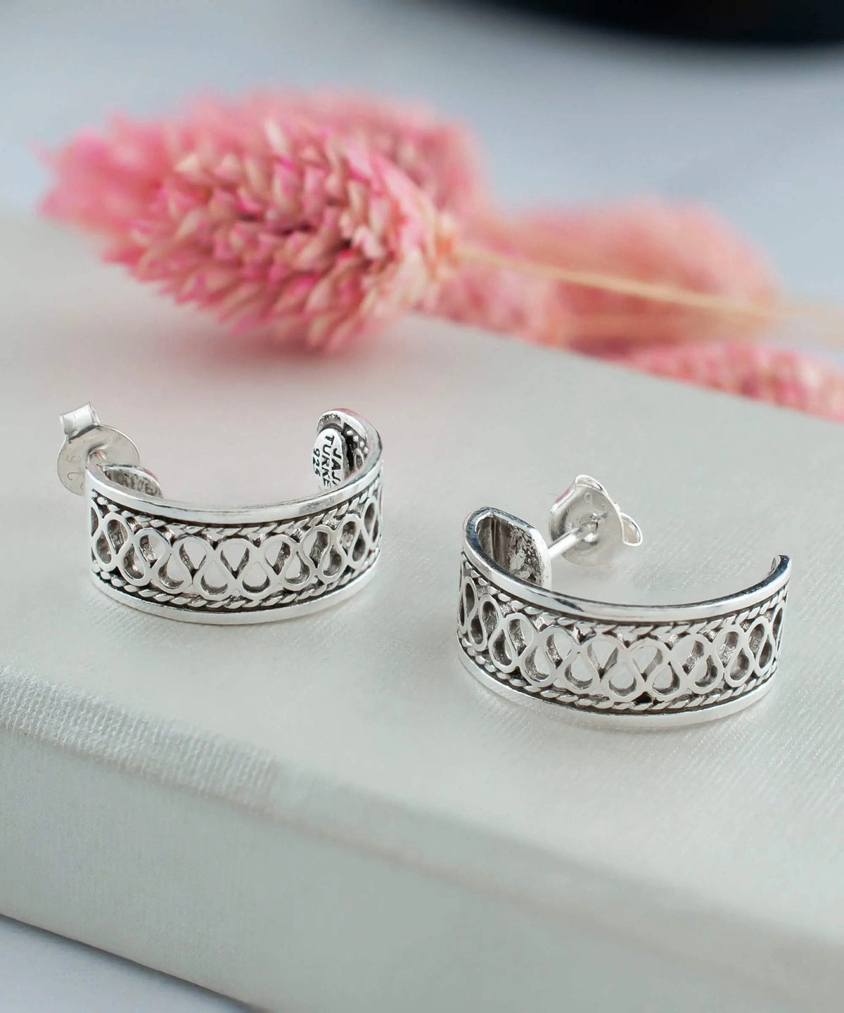 Sterling Silver Filigree Wavy Design C-Hoop Stud Earrings for Women - Drakoi Marketplace