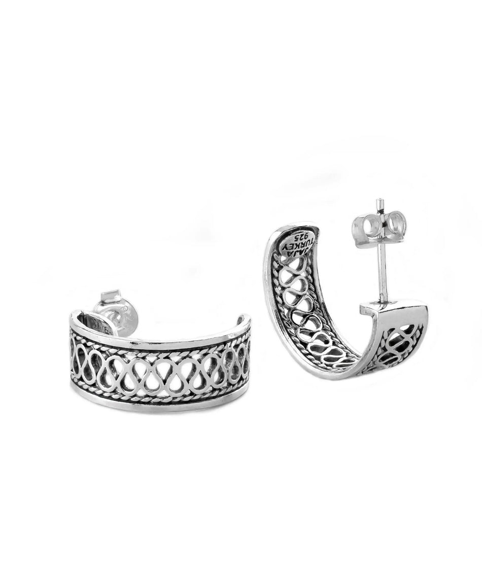 Sterling Silver Filigree Wavy Design C-Hoop Stud Earrings for Women - Drakoi Marketplace