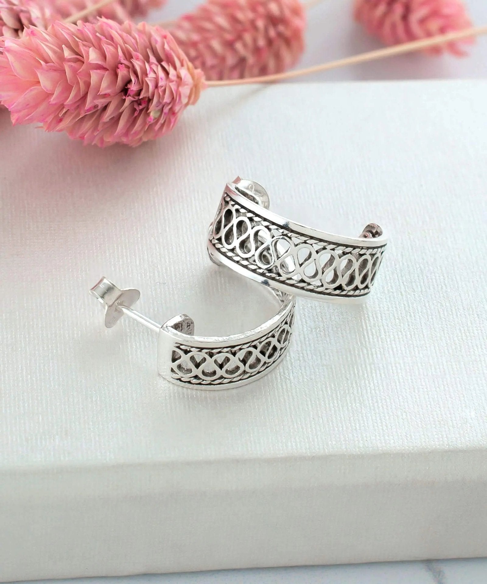 Sterling Silver Filigree Wavy Design C-Hoop Stud Earrings for Women - Drakoi Marketplace