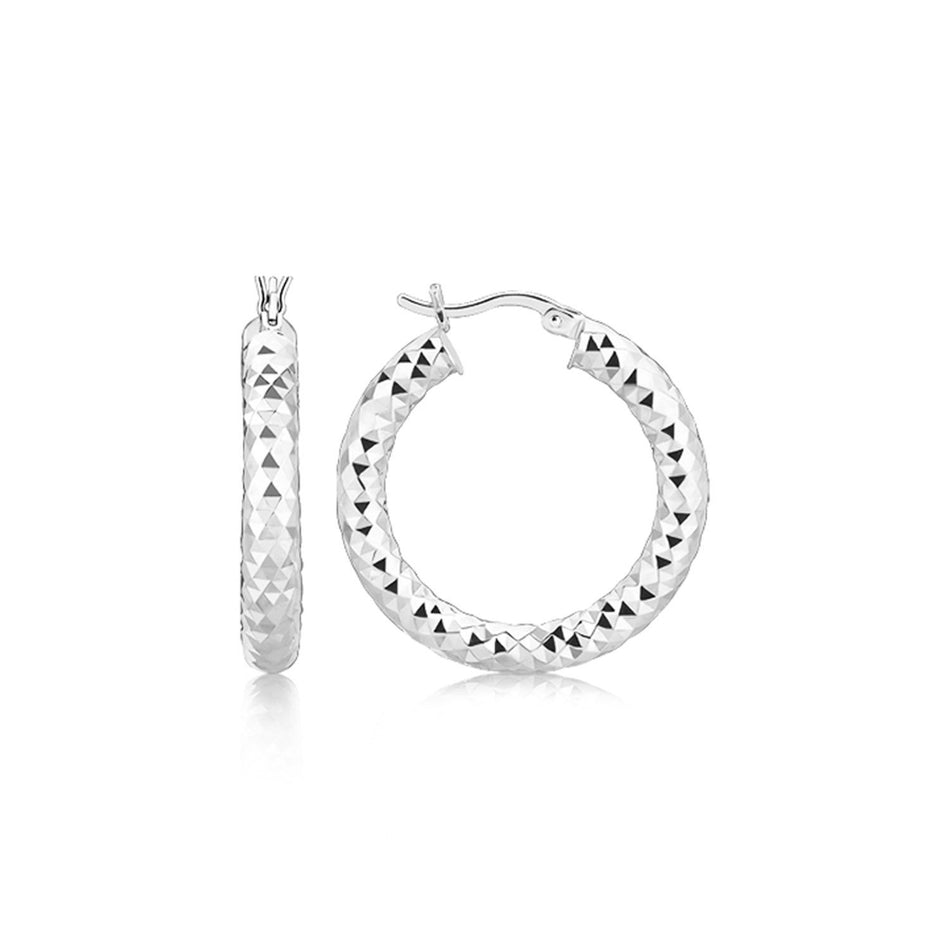 Sterling Silver Thick Rhodium Plated Faceted Design Hoop Earrings - Drakoi Marketplace