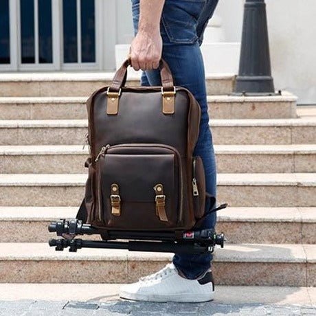 The Gaetano | Large Leather Backpack Camera Bag with Tripod Holder - Drakoi Marketplace