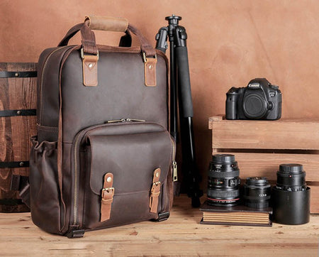 The Gaetano | Large Leather Backpack Camera Bag with Tripod Holder - Drakoi Marketplace