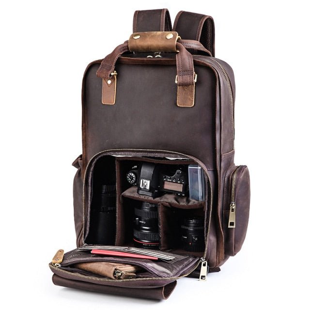 The Gaetano | Large Leather Backpack Camera Bag with Tripod Holder - Drakoi Marketplace
