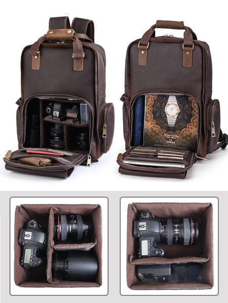 The Gaetano | Large Leather Backpack Camera Bag with Tripod Holder - Drakoi Marketplace