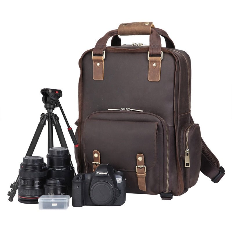 The Gaetano | Large Leather Backpack Camera Bag with Tripod Holder - Drakoi Marketplace